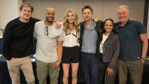 "Scrubs" creator Bill Lawrence poses with original cast members for the reboot's first table read (Credit: Disney/John Fleenor)