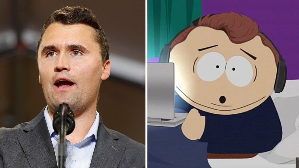 Charlie Kirk, Cartman impersonating Charlie Kirk on "South Park" (Getty Images, Comedy Central)