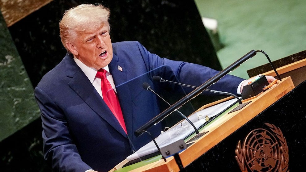 US President Donald Trump speaks at the general debate of the UN General Assembly. (Credit: Kay Nietfeld/Getty Images)