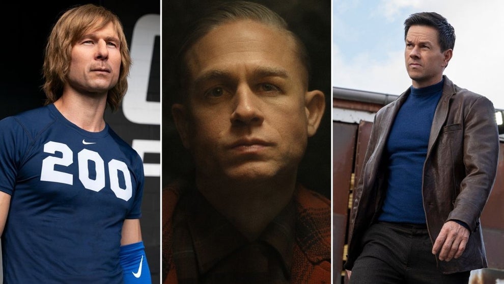 Glen Powell in “Chad Powers” (Hulu), Charlie Hunnam in “Monster: The Ed Gein Story” and Mark Wahlberg in “Play Dirty” (Jasin Boland/Prime Video)
