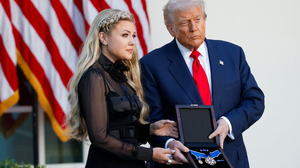 President Donald Trump and Erika Kirk at a ceremony in the Rose Garden of the White House on October 14, 2025 in Washington, DC. (Credit: Kevin Dietsch/Getty Images)