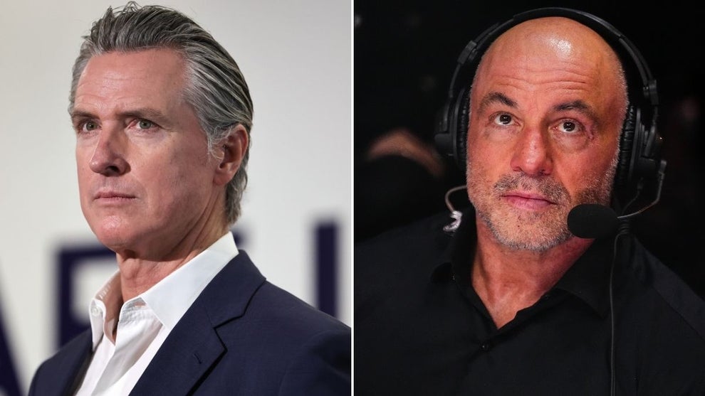 Left: California Governor Gavin Newsom (Mario Tama/Getty Images), Right: Joe Rogan (Jeff Bottari/Zuffa LLC)