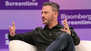 Jimmy Kimmel speaks during the Bloomberg Screentime conference in Los Angeles on Oct. 8, 2025. (Patrick T. Fallon / AFP via Getty Images)