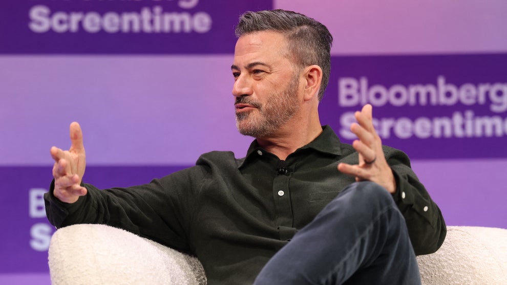 Jimmy Kimmel speaks during the Bloomberg Screentime conference in Los Angeles on Oct. 8, 2025. (Patrick T. Fallon / AFP via Getty Images)