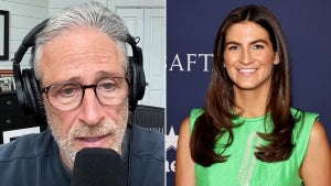 Left: Jon Stewart (“The Weekly Show with Jon Stewart”/YouTube), Right: Kaitlan Collins (Jamie McCarthy/Getty Images)