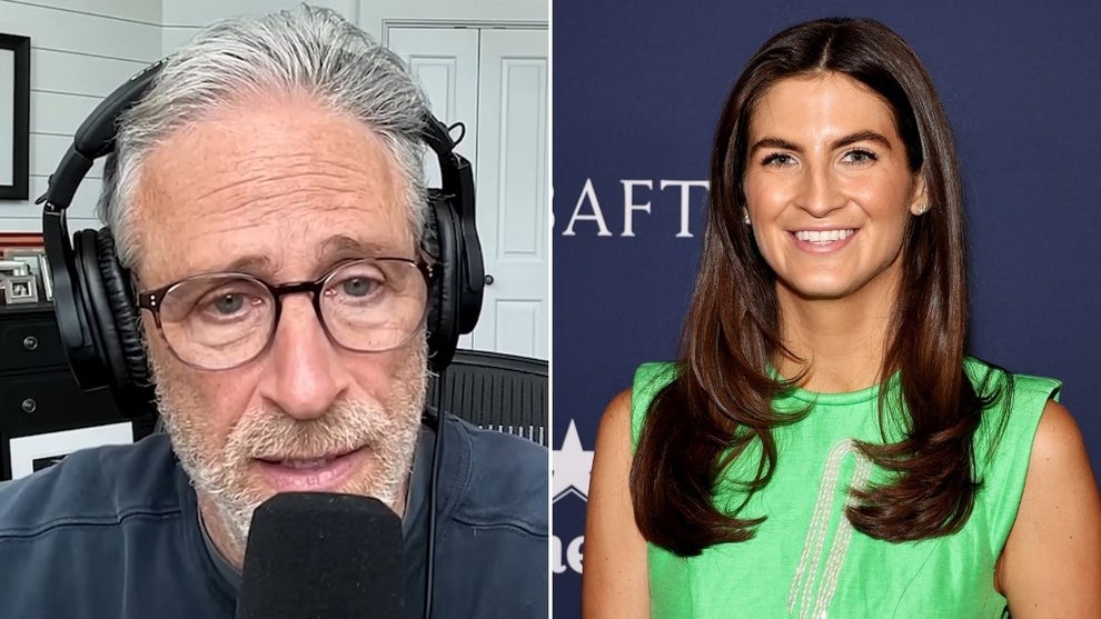 Left: Jon Stewart (“The Weekly Show with Jon Stewart”/YouTube), Right: Kaitlan Collins (Jamie McCarthy/Getty Images)