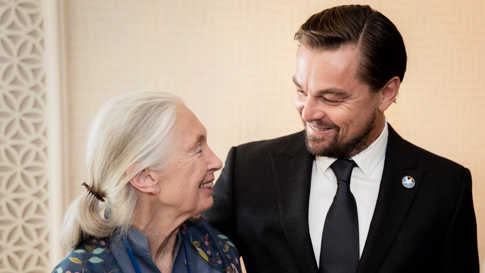 Leonardo DiCaprio and Jane Goodall pose together as they smile at each other