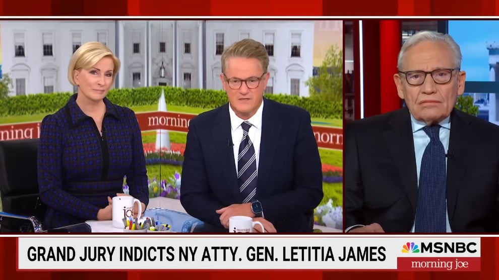 Journalist Bob Woodward and hosts Mika Brzezinski and Joe Scarborough on the Oct. 10, 2025 edition of "Morning Joe" (MSNBC)