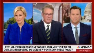 Mika Brzezinski, Joe Scarborough and Willie Geist on the Oct. 15, 2025 edition of "Morning Joe" (MSNBC)