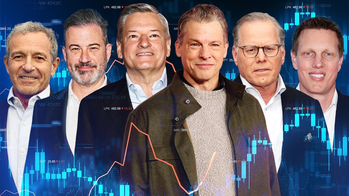 From L to R: Disney CEO Bob Iger, Jimmy Kimmel, Netflix co-CEOs Ted Sarandos and Greg Peters, WBD CEO David Zaslav and Paramount CEO David Ellison (Christopher Smith for TheWrap/Getty Images)