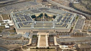 The Pentagon, heaquarters of the U.S. Department of Defense, is seen from the air on February 8, 2025, in Washington, DC. (Credit: J. David Ake/Getty Images)