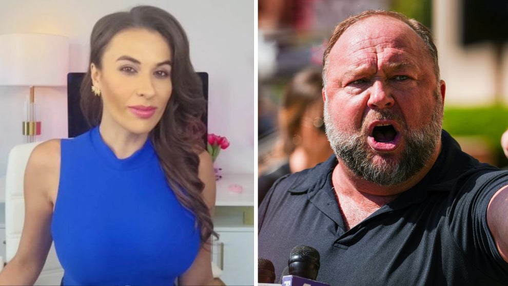 Breanna Morello (Credit: Breanna Morello/X) and InfoWars founder Alex Jones (Credit: Joe Buglewicz/Getty Images)