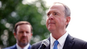 U.S. Sen. Adam Schiff (D-CA), joined by Sen. Chris Murphy (D-CT), speaks at a press conference introducing the Assault Weapons Ban of 2025 on April 30, 2025 in Washington, DC