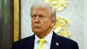 U.S. President Donald Trump looks on during a press conference in the Oval Office of the White House on October 15, 2025 in Washington, DC