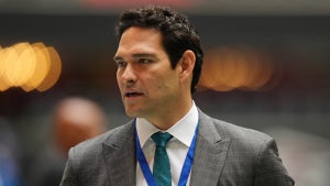 Mark Sanchez of Fox Sports looks on prior to the game against the Carolina Panthers at Mercedes-Benz Stadium on October 31, 2021 in Atlanta, Georgia