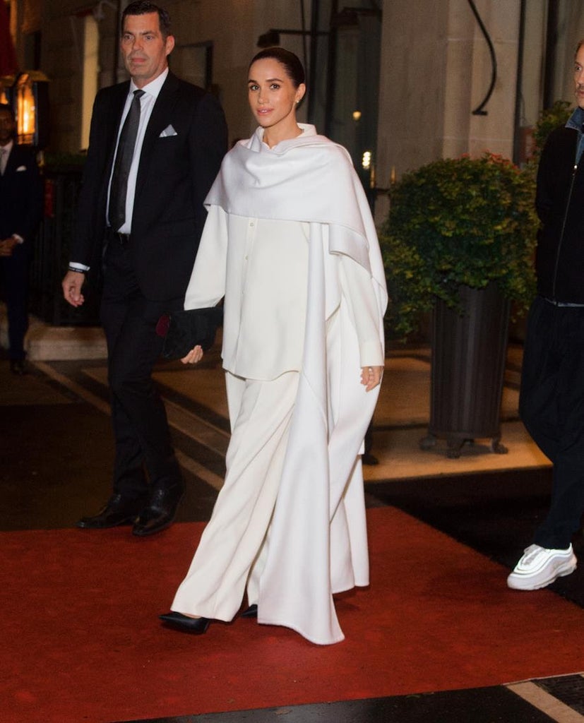 Meghan Markle, Duchess of Sussex, wears a custom Balenciaga look on her way to the show in Paris on Oct. 4th. Source: Balenciaga