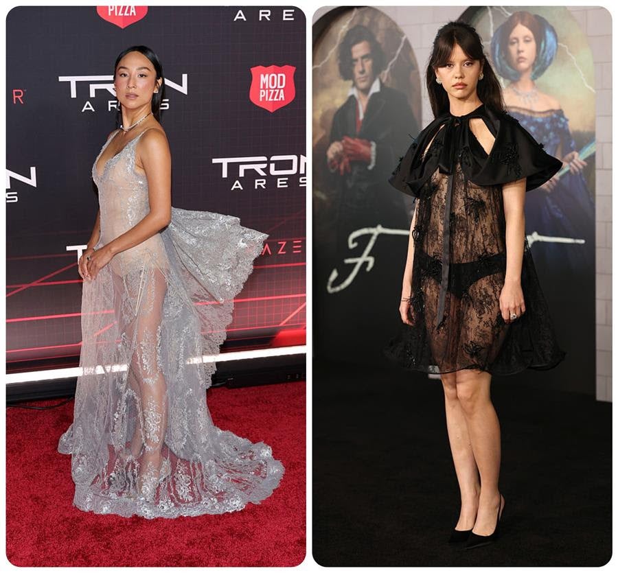 Greta Lee and Mia Goth wear Dior by Jonathan Anderson and Tiffany & Co. jewelry. Source: Getty