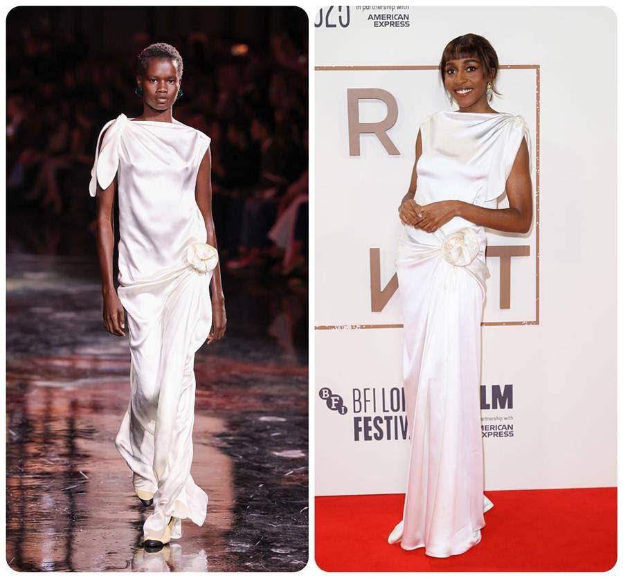 Left: Look from Chanel Spring 2026; right: Ayo Edebiri wearing Chanel at "After The Hunt" at the Royal Festival Hall, during the 2025 BFI London Film Festival. Source: Getty