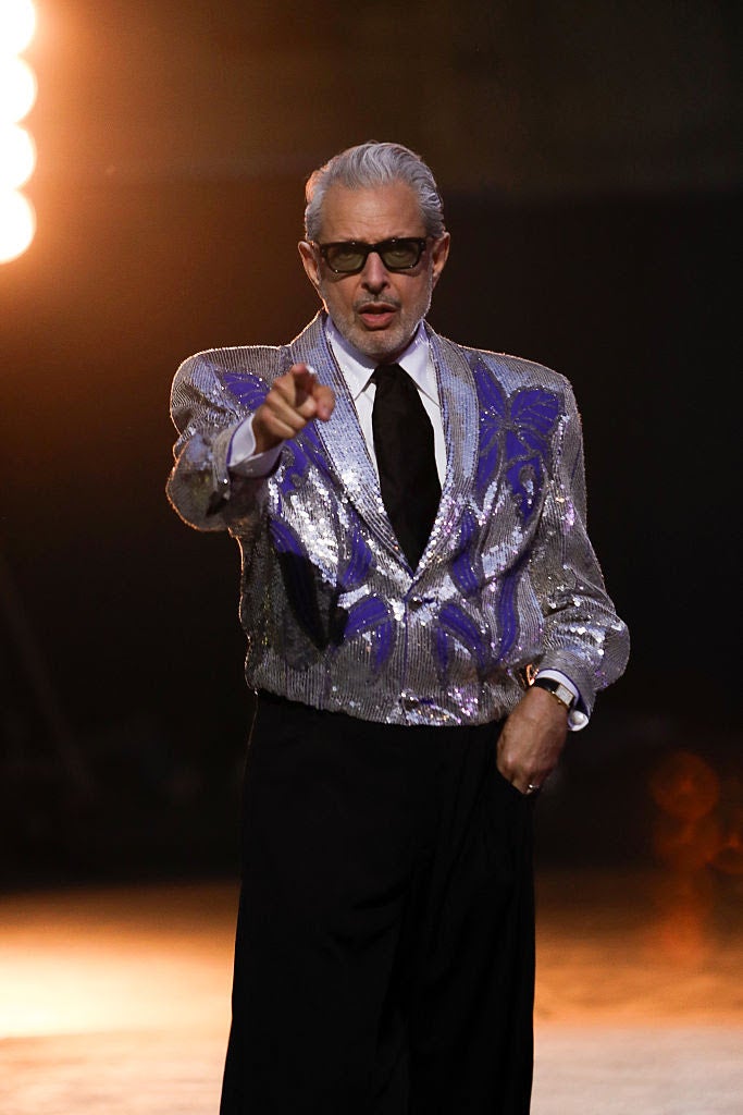 Jeff Goldblum walks the runway wearing Gucci at Vogue World. Source: Getty
