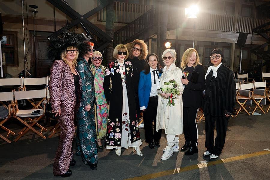 Costume designers Mona May, Sandy Powell, Catherine Martin, Ruth E. Carter, Arianne Phillips, Milena Canonero, Jacqueline West, Shirley Kurata with Anna Wintour at Vogue World: Hollywood. Source: Getty