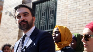 Zohran Mamdani, the Democratic front-runner in the New York City mayoral race, speaks outside a Bronx Mosque and cultural center on October 24, 2025 in the Bronx borough of New York City