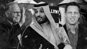 Warner Bros. Discovery CEO David Zaslav, Saudi Arabia Crown Prince Mohammed bin Salman and Paramount Skydance CEO David Ellison (Credit: Getty Images/ Chris Smith for TheWrap)