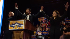 Sen. Bernie Sanders (I-VT), Zohran Mamdani and Rep. Alexandria Ocasio-Cortez (D-NY)