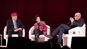 Curtis Sliwa, Kara Swisher and Scott Galloway speak on stage during Vox Media's “Pivot” Tour