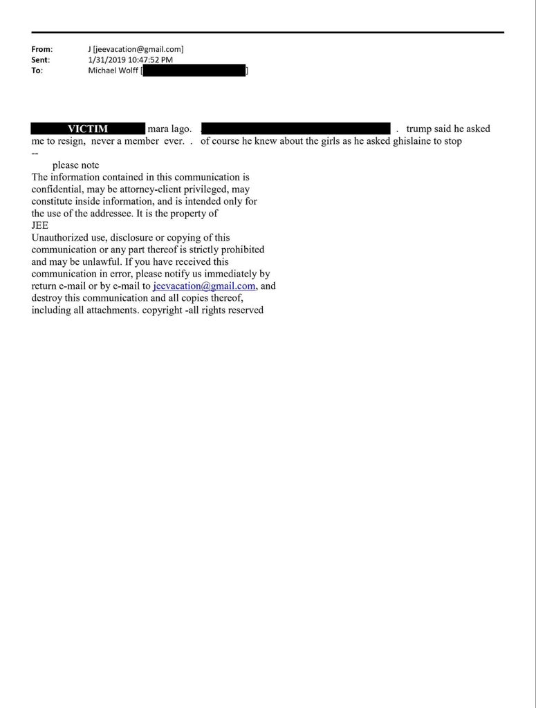 An email from Jeffrey Epstein to Michael Wolff 