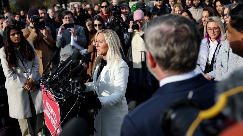 Rep. Marjorie Taylor Greene speaks at a press conference for Jeffrey Epstein victims