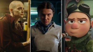 Left to right: “Bugonia” (Atsushi Nishijima/Focus Features), “Stranger Things” Season 5 Volume 1 (Netflix) and “Prep & Landing: The Snowball Protocol” (Disney)