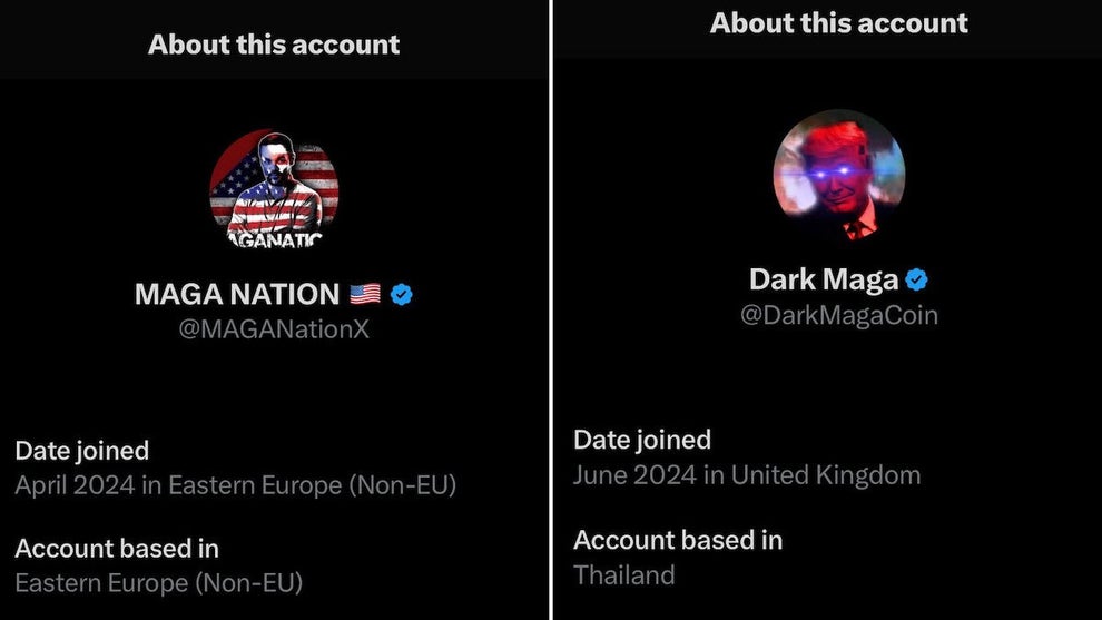 X's new country of origin feature exposes prominent MAGA accounts as foreign users. (X)