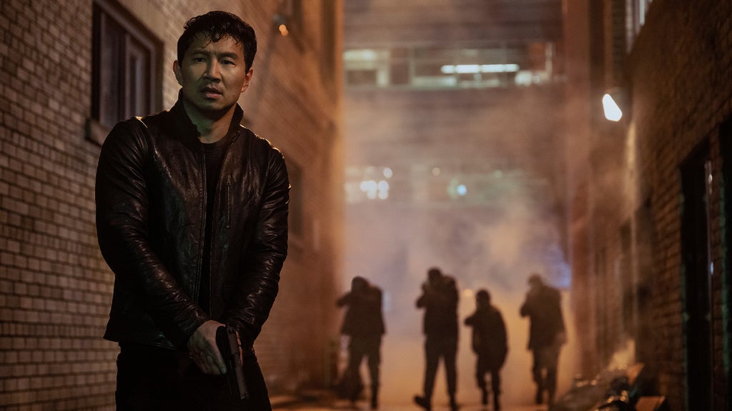 Simu Liu in “The Copenhagen Test” (Amanda Matlovich/Peacock)