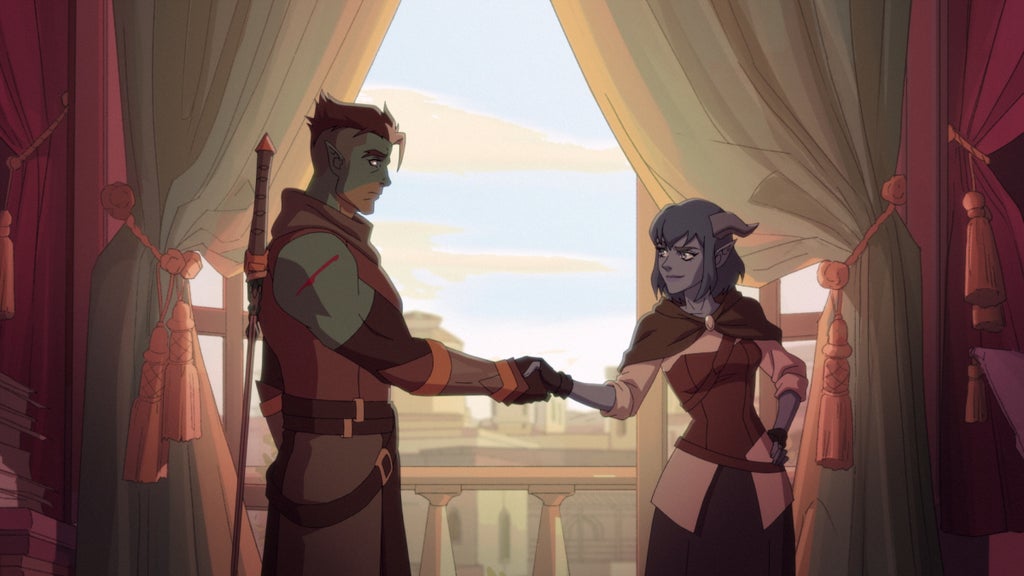 Fjord Stone (voiced by Travis Willingham) and Jester Lavorre (voiced by Laura Bailey) in "The Mighty Nein" Season 1 (Prime Video)