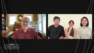 TheWrap's Steve Pond (Left frame) talks to "Sore: Wife from the Future" writer/director Yandy Laurens (left of right frame), star Sheila Dara Aisha (center of right frame) and Suryana Paramita (right of right frame)