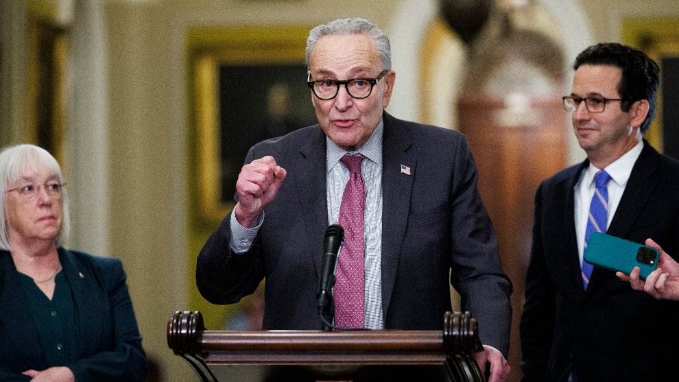 Senate Minority Leader Chuck Schumer, (D-N.Y) flanked by Senators Patty Murray, (D-WA) (L) and Brian Schatz (D-HI) speaks to reporters at the Weekly Senate Policy Luncheon news conference on November 4, 2025 on Capitol Hill in Washington, DC