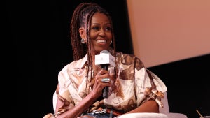 Michelle Obama speaks during Higher Ground's "IMO with Michelle Obama & Craig Robinson" podcast during 2025 Martha's Vineyard African American Film Festival at Martha's Vineyard Performing Arts Center on August 09, 2025 in Martha's Vineyard, Massachusetts