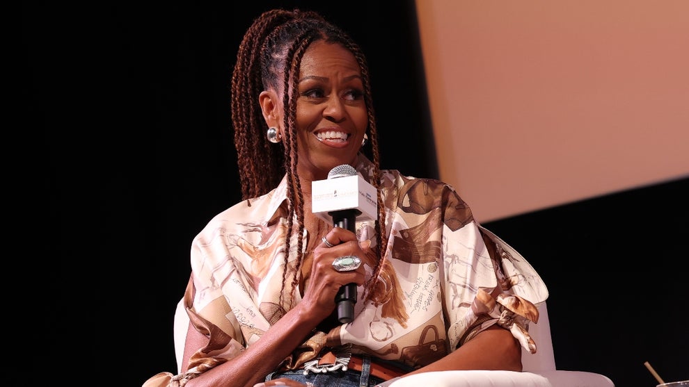 Michelle Obama speaks during Higher Ground's "IMO with Michelle Obama & Craig Robinson" podcast during 2025 Martha's Vineyard African American Film Festival at Martha's Vineyard Performing Arts Center on August 09, 2025 in Martha's Vineyard, Massachusetts