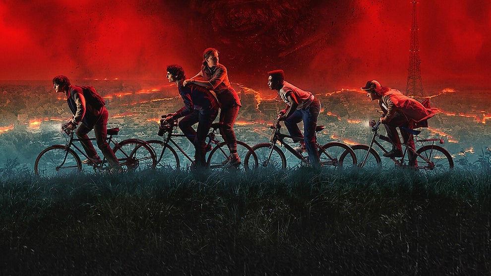 Kids ride bicycles against the backdrop of a red and black sky in the "Stranger Things" Season 5 poster