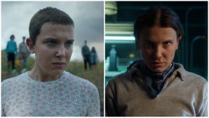 Side-by-side images of Millie Bobby Brown in "Stranger Things" Season 4 and 5