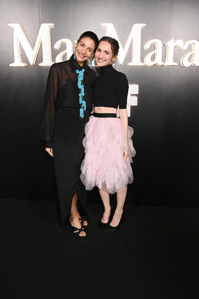 (L-R) Maria Giulia Prezioso Maramotti and honoree Maude Apatow at the 2025 WIF Max Mara Face of the Future Award Cocktail Event at Chateau Marmont on Nov. 5, 2025 in Los Angeles, California. Source: Getty