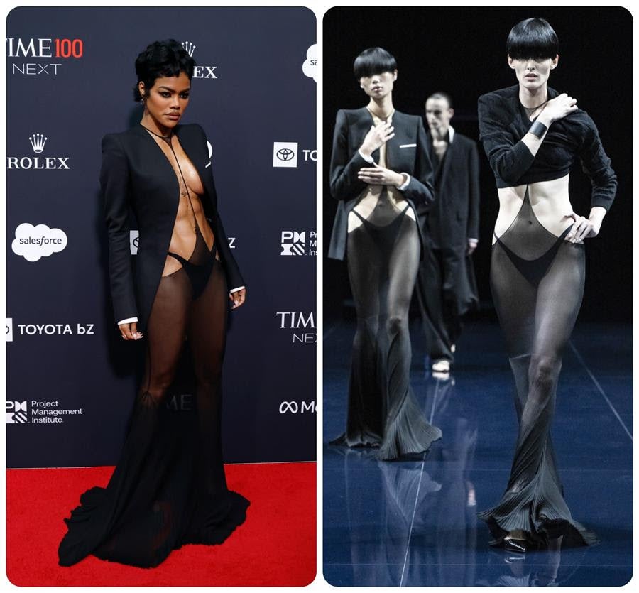 Teyana Taylor (left) wearing a Tom Ford Spring 2026 look, shown on the Paris runway (right) Oct. 1, 2025, to the Time100 Next at Current at Chelsea Piers on Oct. 30, 2025 in New York City. Source: Getty