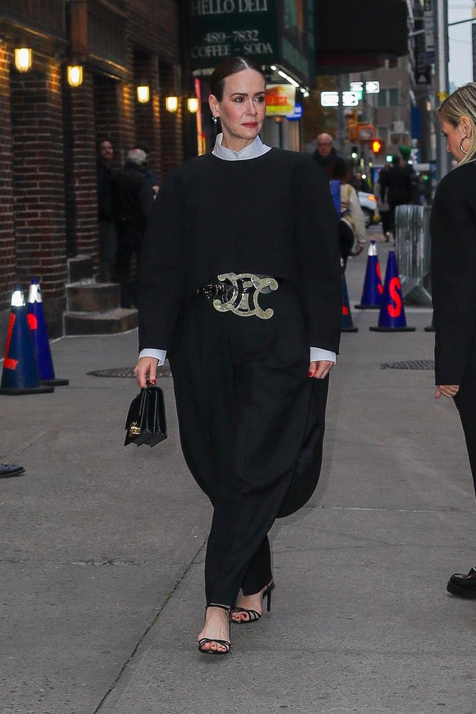 Sarah Paulson wearing Celine Spring 2026 arriving at The Late Show With Stephen Colbert Oct. 29, 2025 in New York, New York. Source: Getty