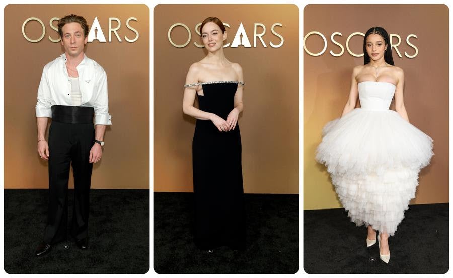 Jeremy Allen White, Emma Stone and Chase Infiniti wear Louis Vuitton at the 16th Governors Awards Nov. 16, 2025 in Hollywood, California. Source: left and right, Getty Images; center: Louis Vuitton