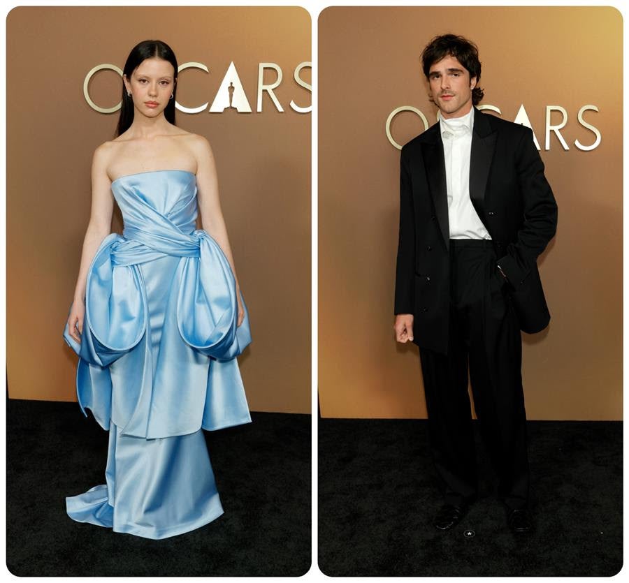 Mia Goth wears Dior and Jacob Elordi wears Bottega Veneta at the Governors Awards. Source: Getty Images