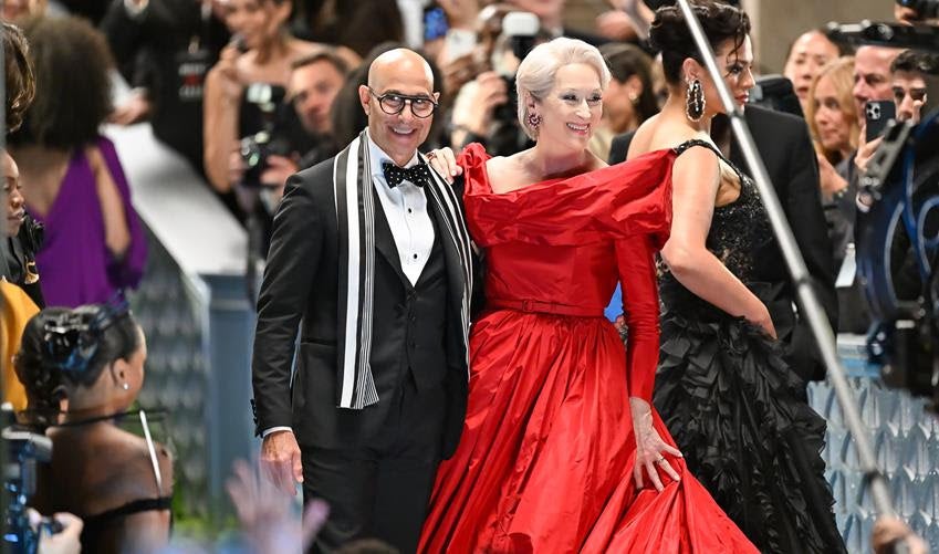 Stanley Tucci and Meryl Streep seen filming a museum gala scene for The Devil Wears Prada 2' at the American Museum of Natural History on Aug. 1, 2025 in New York City. Source: Getty Images