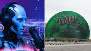Left: A robot speaking into a podcast mic with a purple background; Right: A "Wizard of Oz" advertisement on the Las Vegas Sphere