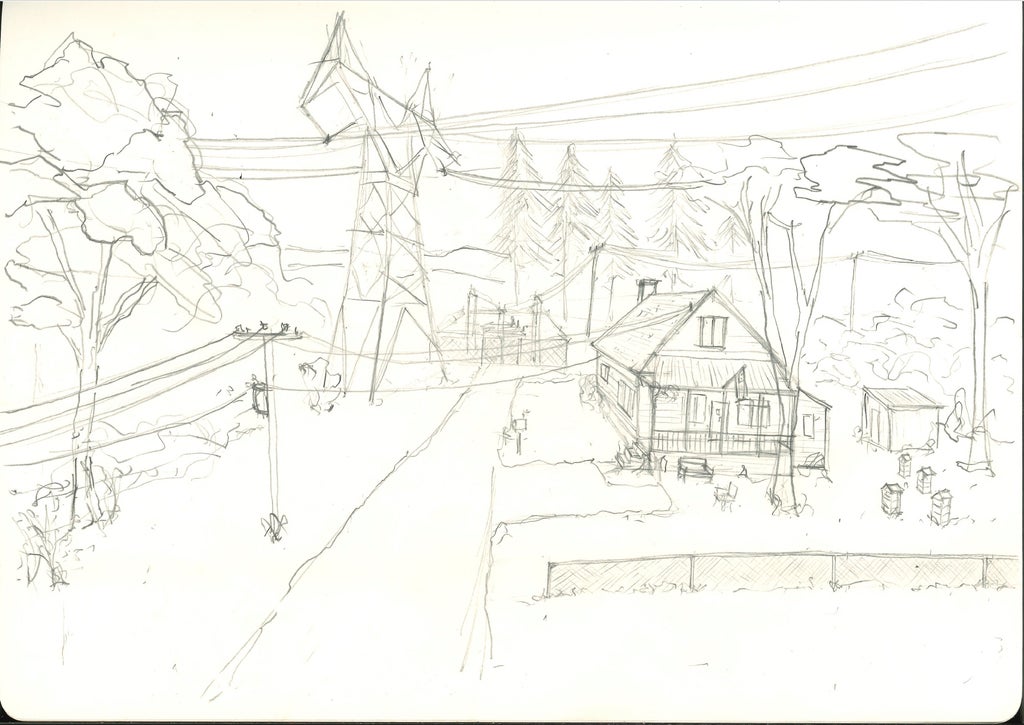 A pencil sketch of the house from "Bugonia"