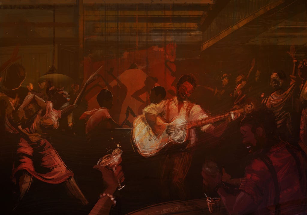 An illustration of Sammie's Juke Joint performance of "I Lied to You" in "Sinners"