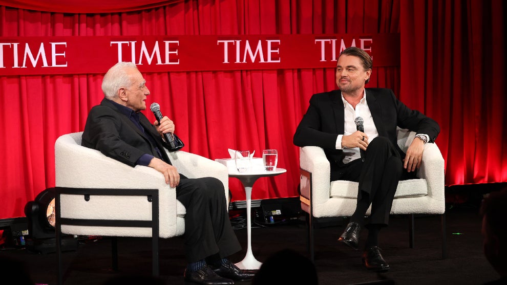 Martin Scorsese (Left), Leonardo DiCaprio (Right) speak onstage at a TIME event